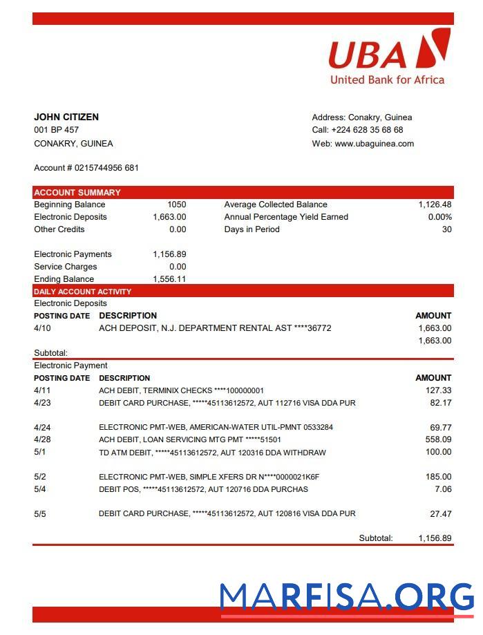 Downloadable Guinea UBA bank statement excel real example